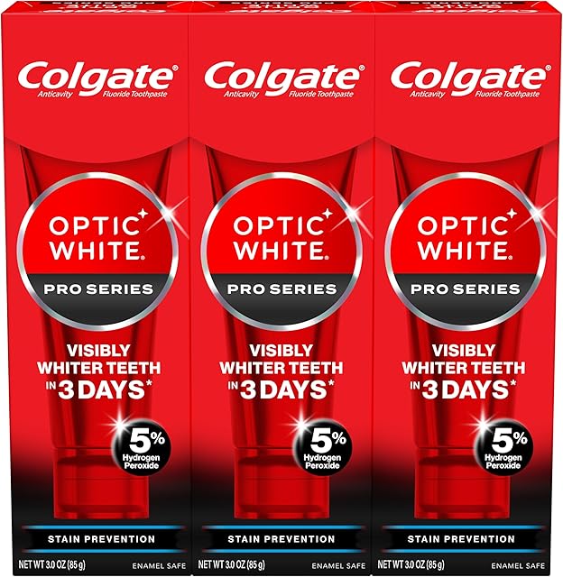 Colgate Optic White Pro Series Stain Prevention Hydrogen Peroxide Toothpaste, Teeth Whitening Toothpaste, Effectively Removes Tea, Coffee, and Wine Stains, Enamel-Safe for Daily Use, 3 Pack, 30 oz