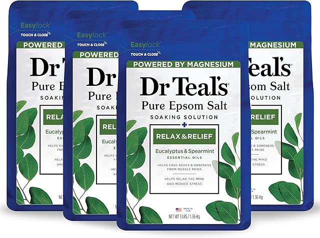 Dr Teal's Epsom Salt Magnesium Soak, Relax & Relief with Eucalyptus and Spearmint, 3 lbs (Pack of 4)