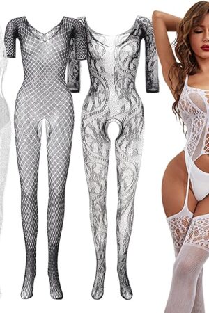 4pcs Fishnet Teddy Body Suit Lingerie for Women Sleeved Romper Jumpsuit Catsuit Sleepwear