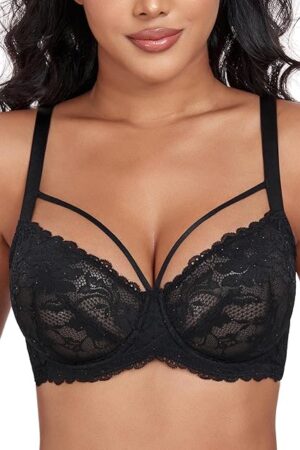 Women's Plus Size See Through Sexy Lace Bra with Strappy Underwire Everyday Bra