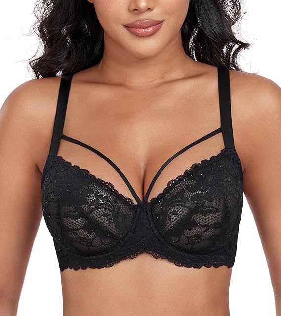 Women's Plus Size See Through Sexy Lace Bra with Strappy Underwire Everyday Bra