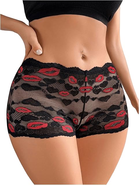 Women's Graphic Embroidered Lace Trim Mesh Sheer Boyshorts Sexy Underwear Briefs