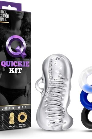 Blush Novelties Quickie Kit Jerk Off - Ultra Soft Realistic Ribbed, Soft Nubs Rub Your Penis, Clear Masturbator Stroker Sleeve - 3 Cock Rings for Harder Erections, Stretch Balls - Masturbation for Men