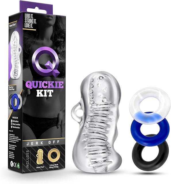 Blush Novelties Quickie Kit Jerk Off - Ultra Soft Realistic Ribbed, Soft Nubs Rub Your Penis, Clear Masturbator Stroker Sleeve - 3 Cock Rings for Harder Erections, Stretch Balls - Masturbation for Men