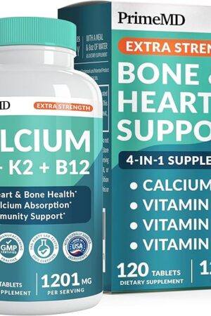 4-in-1 Calcium 1200mg with Vitamin D3 - Calcium Supplement for Women and Men with Vitamin K2 B12 5000 IU - Extra Strength Calcium Citrate for Bone and Heart Support (120ct)