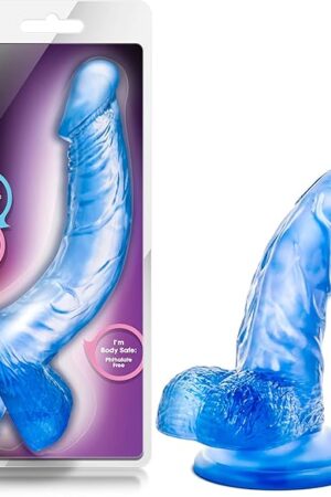 Blush B Yours 8.5 Realistic G-Spot Dildo w/Balls, Sweet N' Hard - Soft Curved Shaft Cock, Suction Cup, Strap-On Compatible, Body-Safe PVC - Pegging, Vaginal Adult SexToy for Women & Couples - (Blue)