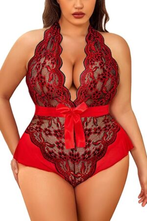 Women's Plus Size Halter Lingerie Sexy Bodysuit V Neck Lace Teddy Sleepwear Black Red 14 Plus