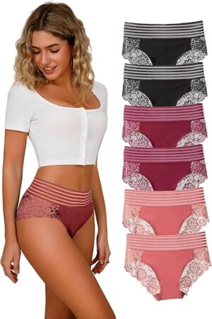 Lace Sexy Undies for Women Stretch Full Coverage Control High Waist Cheeky Top Panties 6 Pack S-4XL