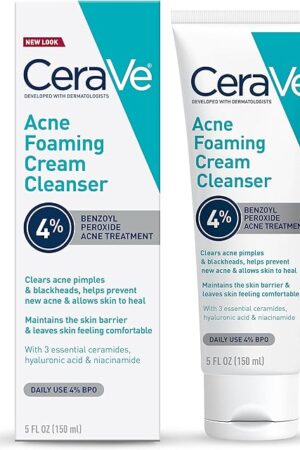 CeraVe Acne Foaming Cream Cleanser, 4% Benzoyl Peroxide Face Wash With Hyaluronic Acid, Niacinamide & Ceramides, Gentle Daily Acne Treatment For Face