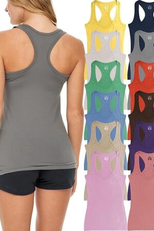 Women's 12 Pack Racer Back Tank Tops/Cotton -Spandex Stretch Color Tanks