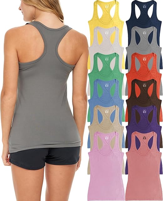 Women's 12 Pack Racer Back Tank Tops/Cotton -Spandex Stretch Color Tanks