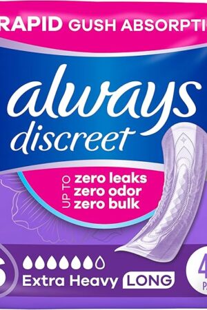 Always Discreet Adult Incontinence Pads for Women, Extra Heavy Absorbency, Long Length, Postpartum Pads, 45 Count