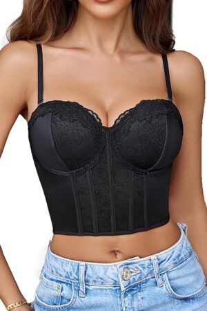 Bustier Tops for Women V Neck Lace Bralettes Corset with Underwired Sexy Concert Crop Top Black