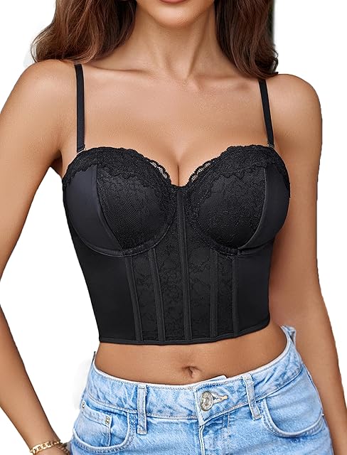 Bustier Tops for Women V Neck Lace Bralettes Corset with Underwired Sexy Concert Crop Top Black
