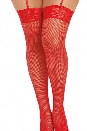 womens Plus Size Lace Top Fishnet Thigh High adult exotic hosiery, Red, Q S US