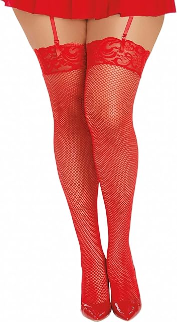 womens Plus Size Lace Top Fishnet Thigh High adult exotic hosiery, Red, Q S US