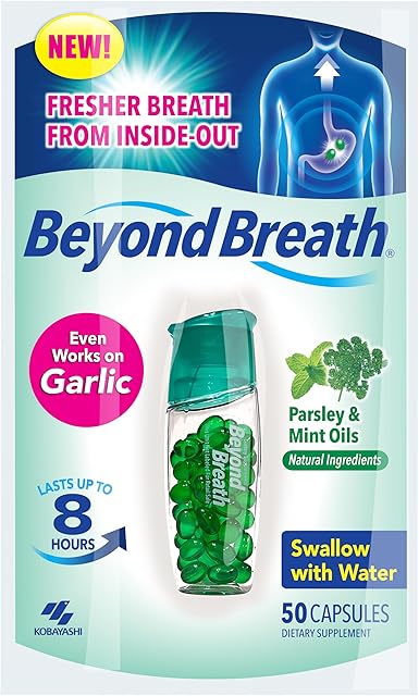 Breath Freshening Capsules, Fresher Breath From Inside-Out, Even Works On Bad Breath From Garlic, Lasts Up To 8 Hours, 50 Capsules