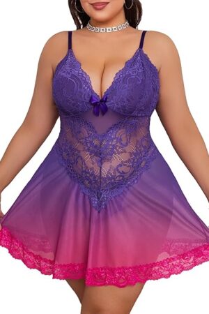 Women Plus Size Babydoll Lingerie Lace Chemise Mesh Sleepwear Strappy Sexy Nightgown Boudoir Outfit L-4XL