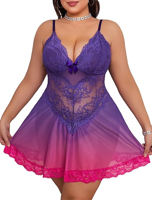 Women Plus Size Babydoll Lingerie Lace Chemise Mesh Sleepwear Strappy Sexy Nightgown Boudoir Outfit L-4XL