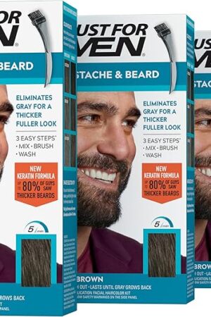 Just For Men Mustache & Beard, Beard Dye for Men with Brush Included, With Keratin Biotin Aloe and Coconut Oil for Healthy Facial Hair - Dark Brown, M-45, Pack of 3 (Packaging May Vary)