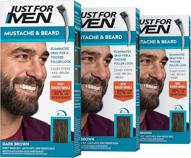 Just For Men Mustache & Beard, Beard Dye for Men with Brush Included, With Keratin Biotin Aloe and Coconut Oil for Healthy Facial Hair - Dark Brown, M-45, Pack of 3 (Packaging May Vary)