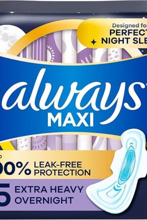 Always Maxi Overnight Pads with Wings for Women, Size 5, Extra Heavy Overnight Absorbency, Unscented, 36 Count