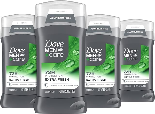 Dove Men+Care Deodorant Stick for Men 4 Count Extra Fresh Aluminum Free 72-Hour Odor Protection Mens Deodorant with 1/4 Moisturizing Cream 3 oz