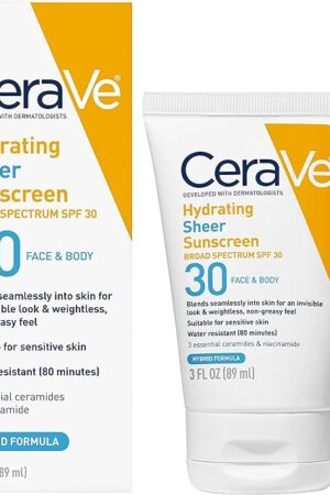 CeraVe Hydrating Sheer Sunscreen with SPF 30 for Face and Body, Mineral & Chemical Sunscreen for Men & Women with Zinc Oxide, Hyaluronic Acid and Ceramides, Paraben-Free + Fragrance-Free, 3 Ounces