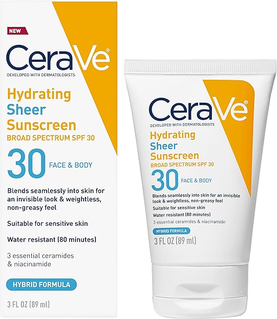 CeraVe Hydrating Sheer Sunscreen with SPF 30 for Face and Body, Mineral & Chemical Sunscreen for Men & Women with Zinc Oxide, Hyaluronic Acid and Ceramides, Paraben-Free + Fragrance-Free, 3 Ounces