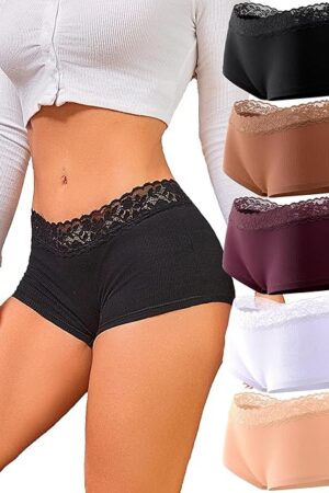 Boyshort Underwear for Women Soft Cotton Boxer Briefs Sexy Lace Panties Stretch Boxer Shorts 5 Pack