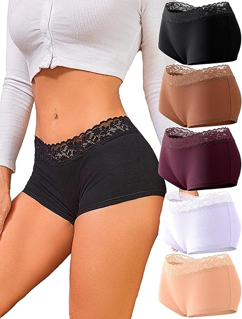 Boyshort Underwear for Women Soft Cotton Boxer Briefs Sexy Lace Panties Stretch Boxer Shorts 5 Pack