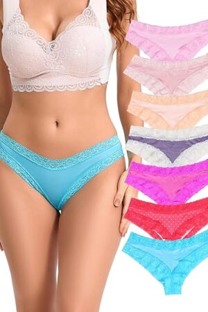 7pcs Sexy Women Contrast Lace Trims Women Bikinis Panties Set Multicolor Assorted