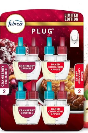 Febreze Odor-Fighting Fade Defy PLUG Air Freshener Baked Cinnamon Apple, Cranberry Crumble, 87 fl oz Oil Refill, 2 of Each