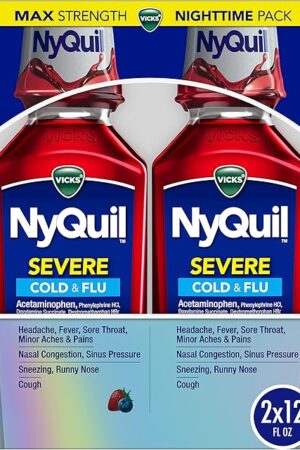 Vicks NyQuil SEVERE Cold, Flu, and Congestion Medicine, 2x12 fl oz Twin Pack, Berry Flavor, Maximum Strength, Nighttime Relief