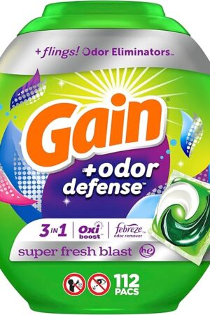 Gain Flings Laundry Detergent Soap Pacs with Odor Defense, Super Fresh Scent, 112 Count, 3 in 1 Laundry Pods with Febreze and Oxi
