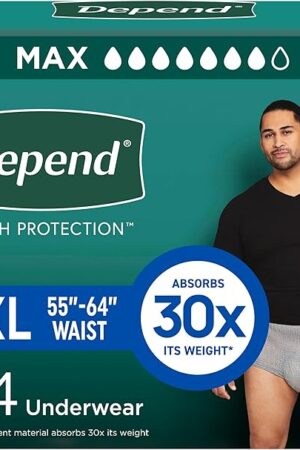 Depend Fresh Protection Adult Incontinence Underwear for Men, Disposable, Maximum, Extra-Extra-Large, Grey, 44 Count