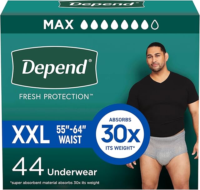 Depend Fresh Protection Adult Incontinence Underwear for Men, Disposable, Maximum, Extra-Extra-Large, Grey, 44 Count