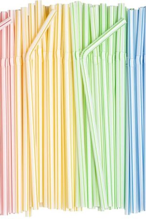 [200 Pack] Flexible Disposable Plastic Drinking Straws - 775" High - Assorted Colors Striped