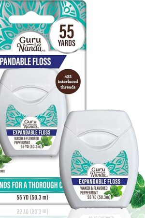 GuruNanda Expandable Waxed Dental Floss for Gentle, Deep Cleaning Wide Teeth Flossing - Peppermint Flavor - 55 Yards