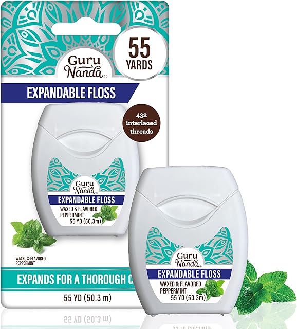 GuruNanda Expandable Waxed Dental Floss for Gentle, Deep Cleaning Wide Teeth Flossing - Peppermint Flavor - 55 Yards
