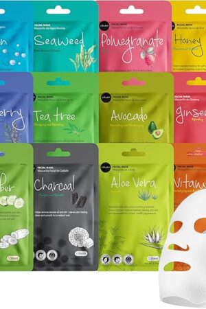 Celavi Essence Facial Sheet Face Mask Variety Set Classic Authentic Korean Moisturizing Skincare (12-Packs)
