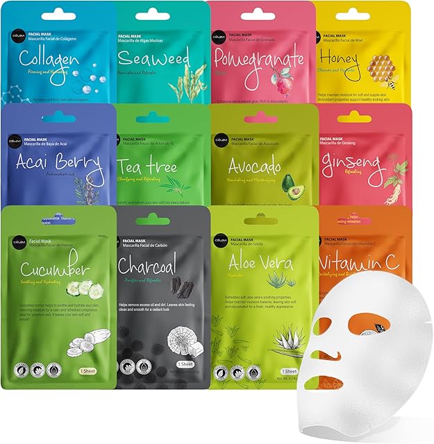 Celavi Essence Facial Sheet Face Mask Variety Set Classic Authentic Korean Moisturizing Skincare (12-Packs)