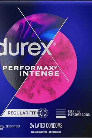 Condoms, Ultra Fine, Ribbed, Dotted with Delay Lubricant, Durex Performax Intense Natural Rubber Latex Condoms, 24 Count, Contains Desensitizing Lube for Men, FSA & HSA Eligible