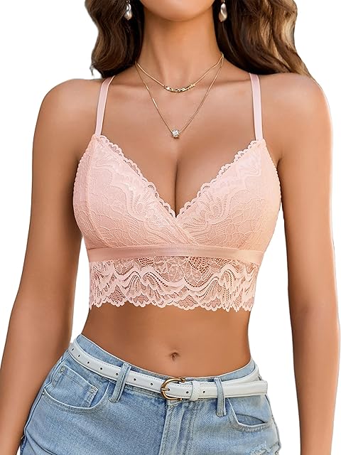 Lace Bralette for Women Racerback Bras Unpadded Wirefree Top V Neck Spaghetti Strap Camisole Y2k TopPink,XXL