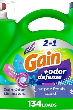 Gain Odor Defense Liquid Laundry Detergent, Super Fresh Blast Scent, 194 fl oz, 134 loads, 2 in 1, Laundry Detergent Liquid Soap, HE compatible