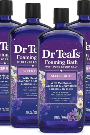 Dr Teal's Foaming Bath with Pure Epsom Salt, Sleep Blend with Melatonin, Lavender & Chamomile Essential Oils, 34 fl oz (Pack of 4)