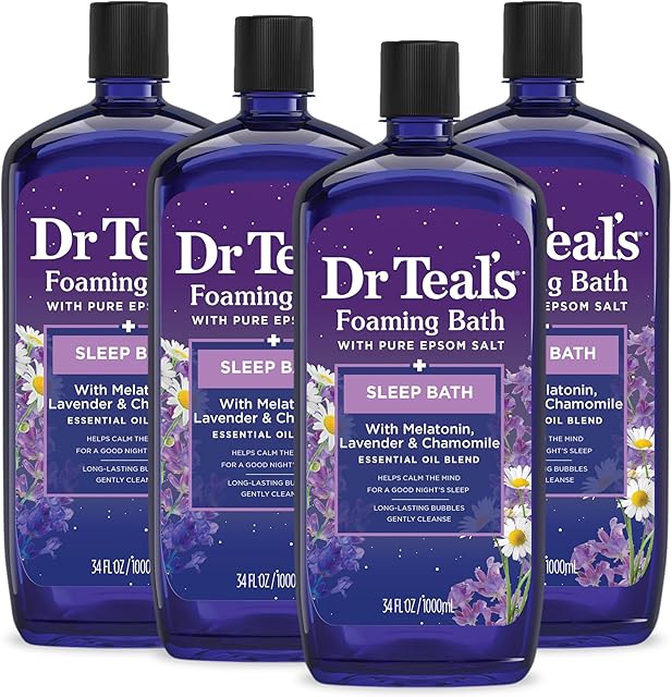 Dr Teal's Foaming Bath with Pure Epsom Salt, Sleep Blend with Melatonin, Lavender & Chamomile Essential Oils, 34 fl oz (Pack of 4)