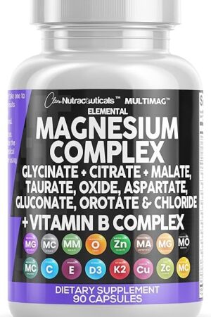 Clean Nutraceuticals Magnesium Complex with Magnesium Glycinate Citrate Malate Oxide Taurate Aspartate Orotate & Mag Chloride, Zinc Copper Manganese & Vitamin C B1 B2 B6 B12 Complex - 1Pack