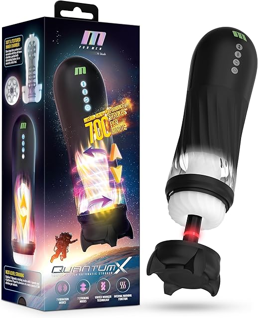 Blush Adult Sex Toys for Men - M for Men Quantum-X Automatic Male Masturbator - 12.75" - 7 Thrusting, Vibrating & Twisting Modes Sex Machine - Hands-Free Stroker with Internal Warming Function - Black