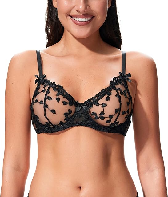 Anastasia Unlined Underwire Hearts Embroidered Lace Bra Women's Everyday Sexy Balconette Lace Mesh Bra